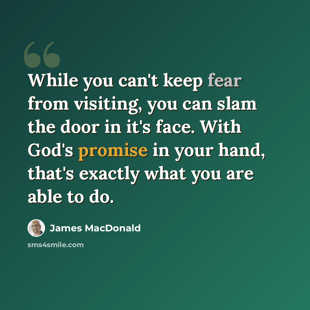“While you can't keep fear from visiting, you can slam the door in it's face. With God's promise in your hand, that's exactly what you are able to do.” quote by James MacDonald