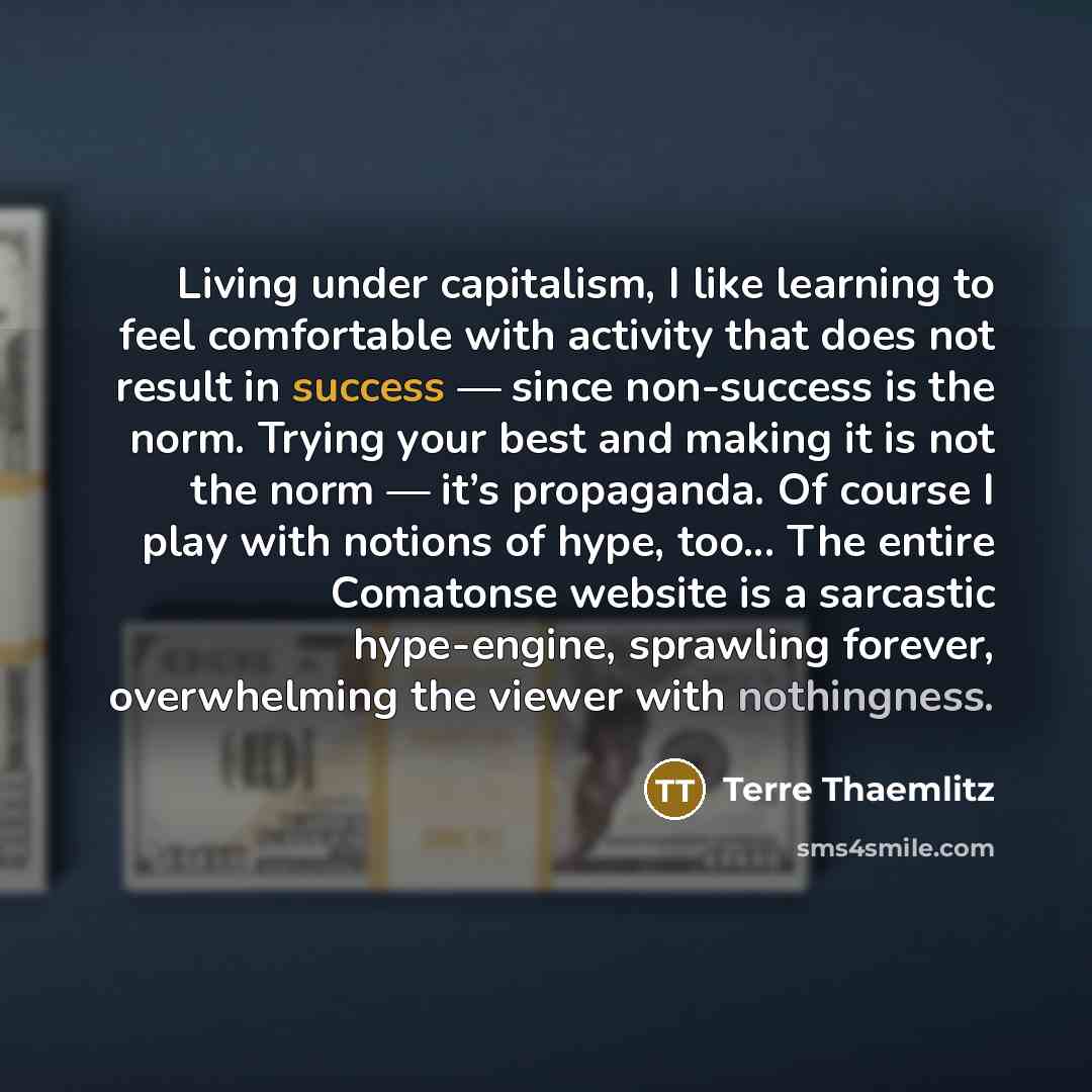 “Living under capitalism, I like learning to feel comfortable with activity that does not result in success — since non-success is the norm. Trying your best and making it is not the norm — it’s propaganda. Of course I play with notions of hype, too... The entire Comatonse website is a sarcastic…” quote by Terre Thaemlitz