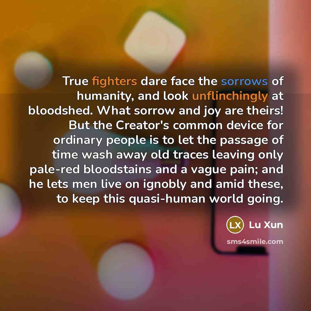 “True fighters dare face the sorrows of humanity, and look unflinchingly at bloodshed. What sorrow and joy are theirs! But the Creator's common device for ordinary people is to let the passage of time wash away old traces leaving only pale-red bloodstains and a vague pain; and he lets men live on…” quote by Lu Xun