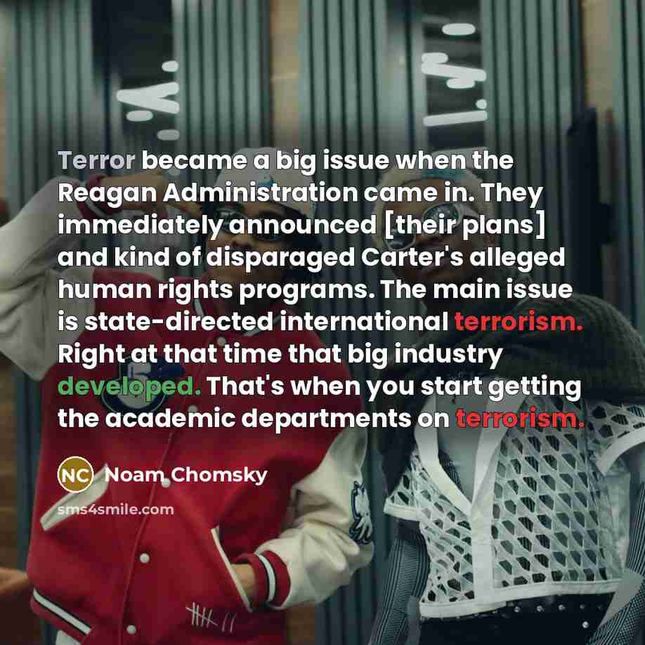 “Terror became a big issue when the Reagan Administration came in. They immediately announced [their plans] and kind of disparaged Carter's alleged human rights programs. The main issue is state-directed international terrorism. Right at that time that big industry developed. That's when you start…” quote by Noam Chomsky