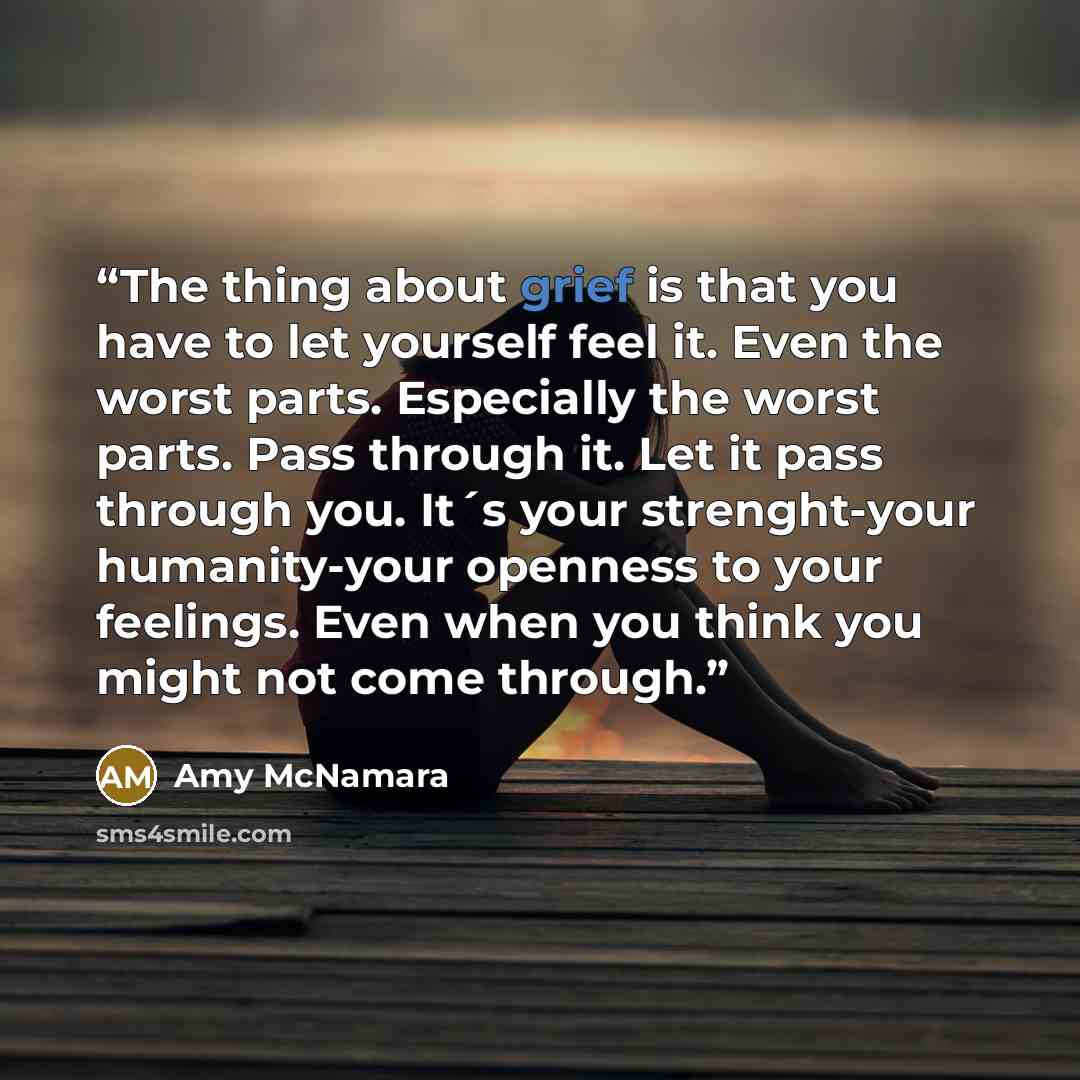 “The thing about grief is that you have to let yourself feel it. Even the worst parts. Especially the worst parts. Pass through it. Let it pass through you. It´s your strenght-your humanity-your openness to your feelings. Even when you think you might not come through.” quote by Amy McNamara