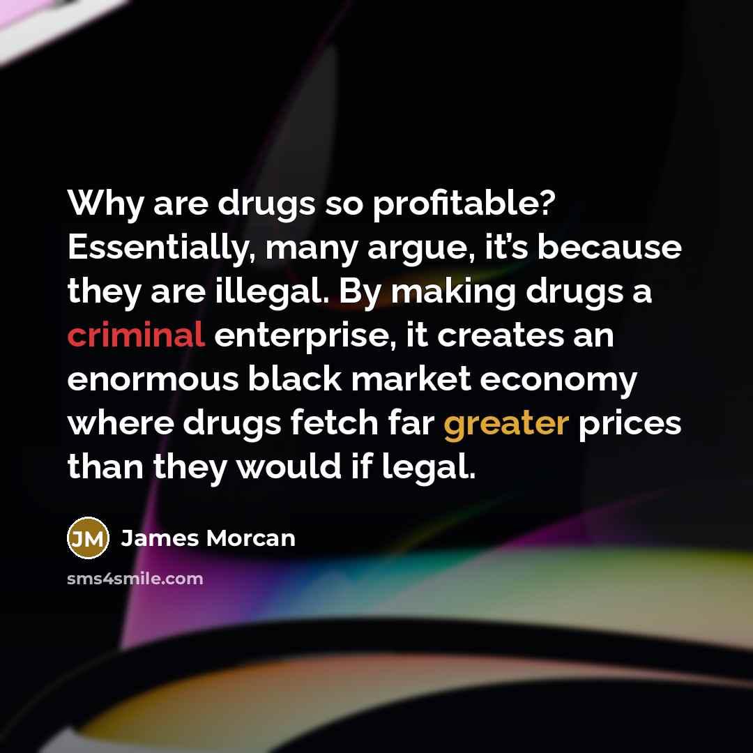 “Why are drugs so profitable? Essentially, many argue, it’s because they are illegal. By making drugs a criminal enterprise, it creates an enormous black market economy where drugs fetch far greater prices than they would if legal.” quote by James Morcan