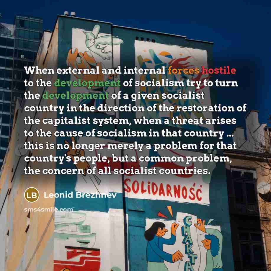 “When external and internal forces hostile to the development of socialism try to turn the development of a given socialist country in the direction of the restoration of the capitalist system, when a threat arises to the cause of socialism in that country ... this is no longer merely a problem for…” quote by Leonid Brezhnev
