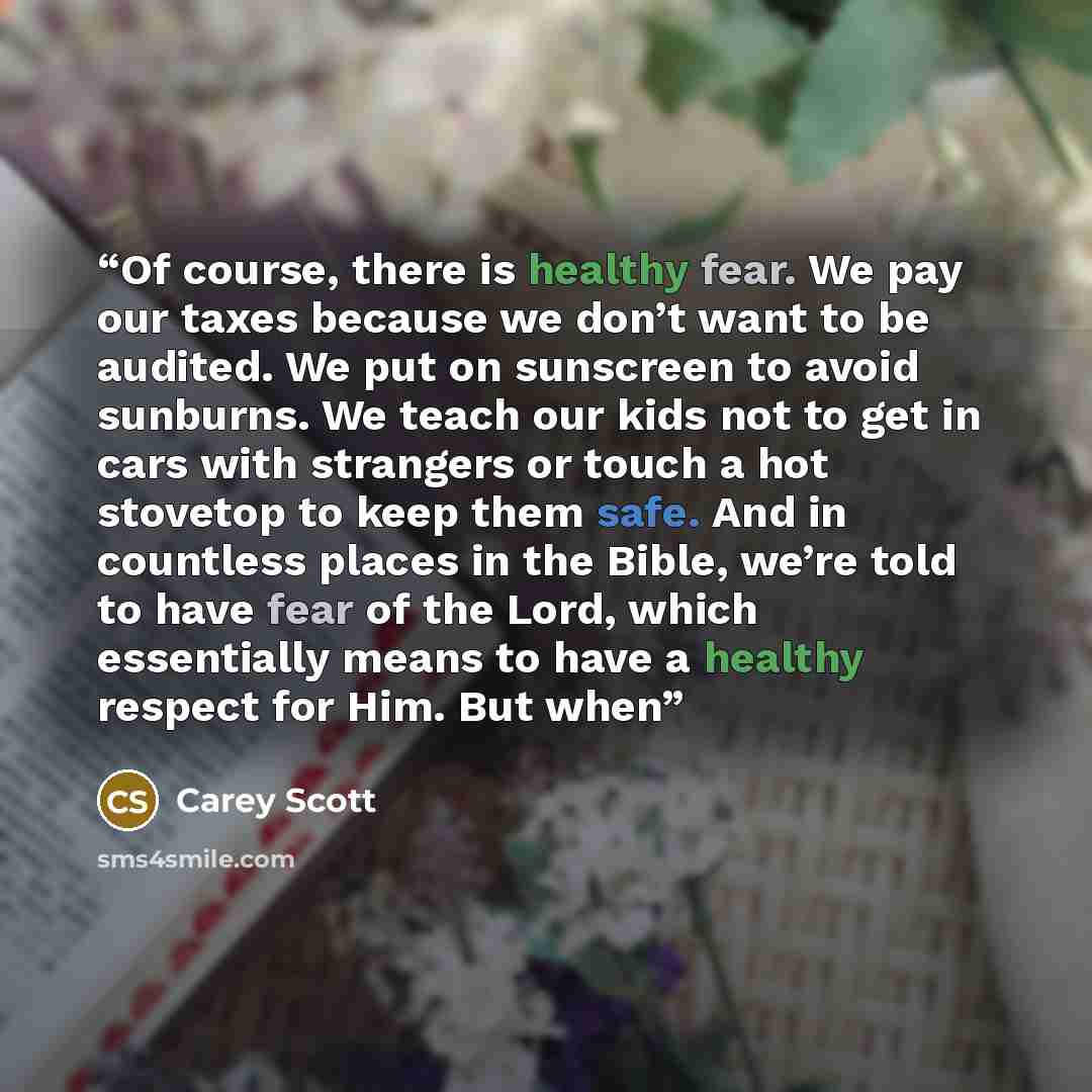 “Of course, there is healthy fear. We pay our taxes because we don’t want to be audited. We put on sunscreen to avoid sunburns. We teach our kids not to get in cars with strangers or touch a hot stovetop to keep them safe. And in countless places in the Bible, we’re told to have fear of the Lord…” quote by Carey Scott