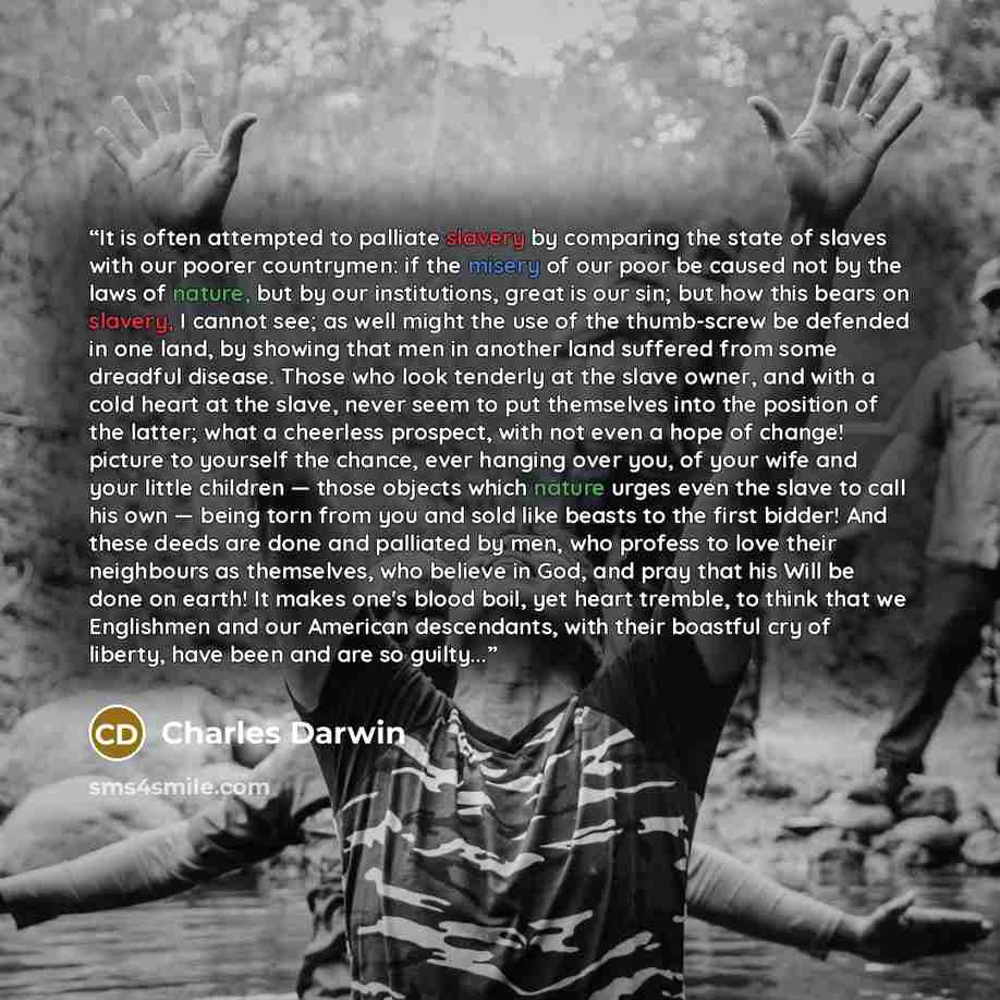 “It is often attempted to palliate slavery by comparing the state of slaves with our poorer countrymen: if the misery of our poor be caused not by the laws of nature, but by our institutions, great is our sin; but how this bears on slavery, I cannot see; as well might the use of the thumb-screw be…” quote by Charles Darwin