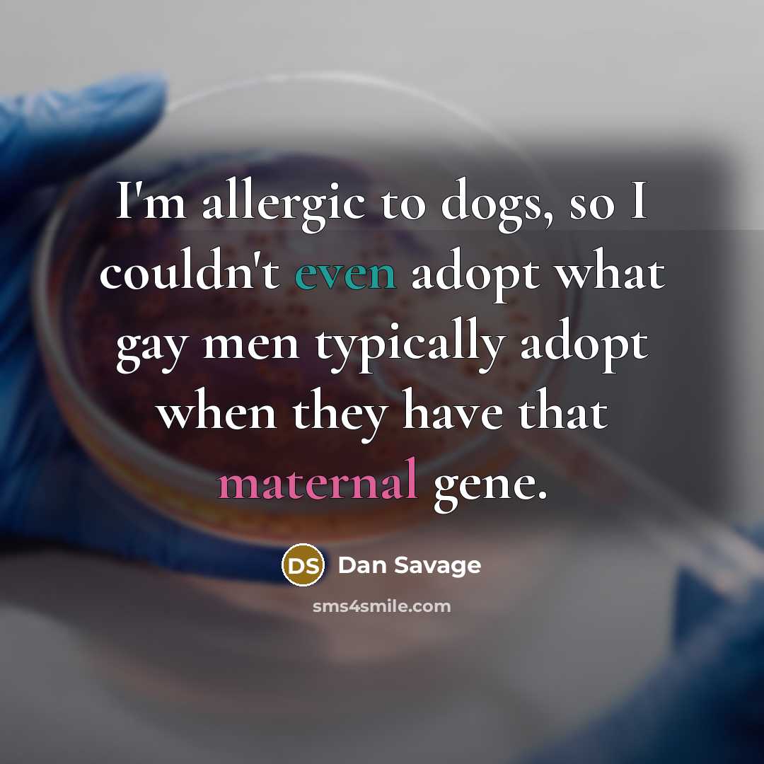 “I'm allergic to dogs, so I couldn't even adopt what gay men typically adopt when they have that maternal gene.” quote by Dan Savage