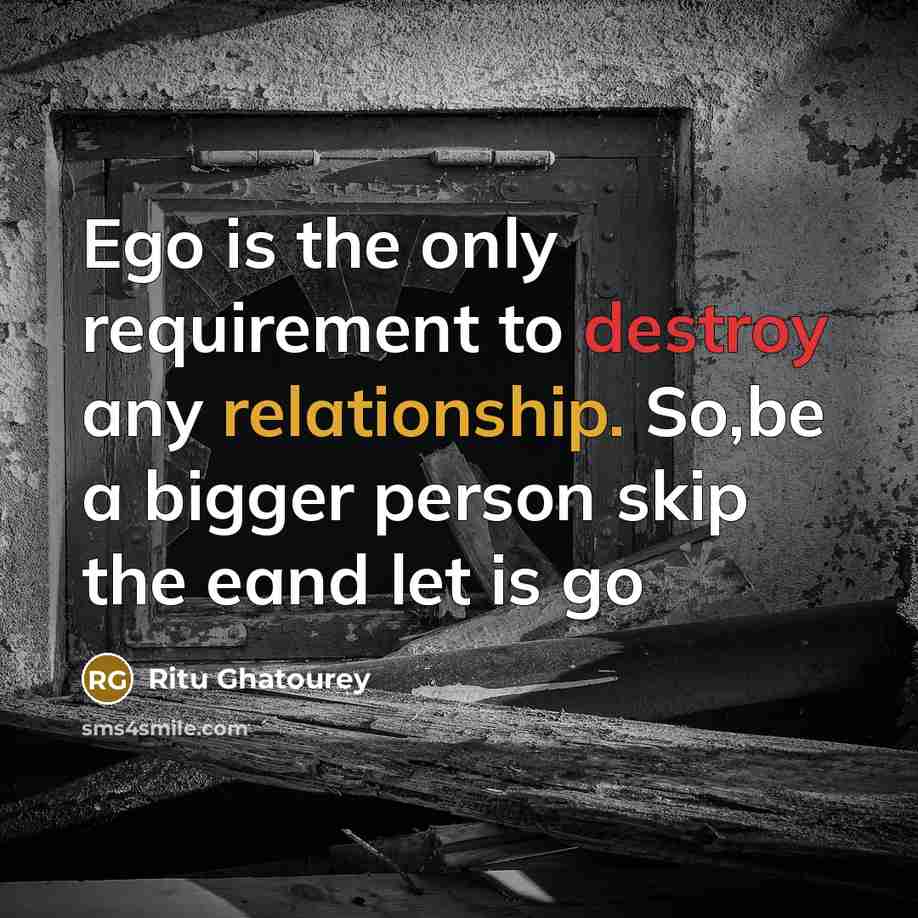 “Ego is the only requirement to destroy any relationship. So,be a bigger person skip the eand let is go” quote by Ritu Ghatourey