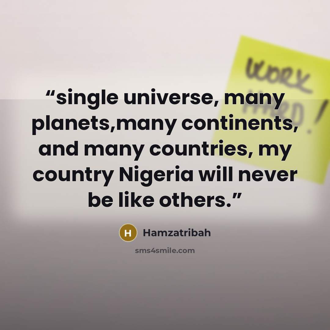 “single universe, many planets,many continents, and many countries, my country Nigeria will never be like others.” quote by Hamzatribah
