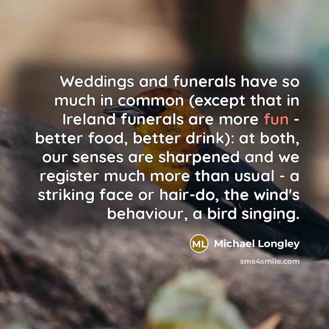 “Weddings and funerals have so much in common (except that in Ireland funerals are more fun - better food, better drink): at both, our senses are sharpened and we register much more than usual - a striking face or hair-do, the wind's behaviour, a bird singing.” quote by Michael Longley