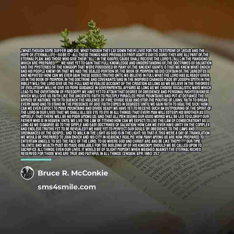 “What though some suffer and die, what though they lay down their lives for the testimony of Jesus and the hope of eternal life--so be it--all these things have prevailed from Adam's day to ours. They are all part of the eternal plan; and those who give their "all" in the gospel cause shall receive…” quote by Bruce R. McConkie