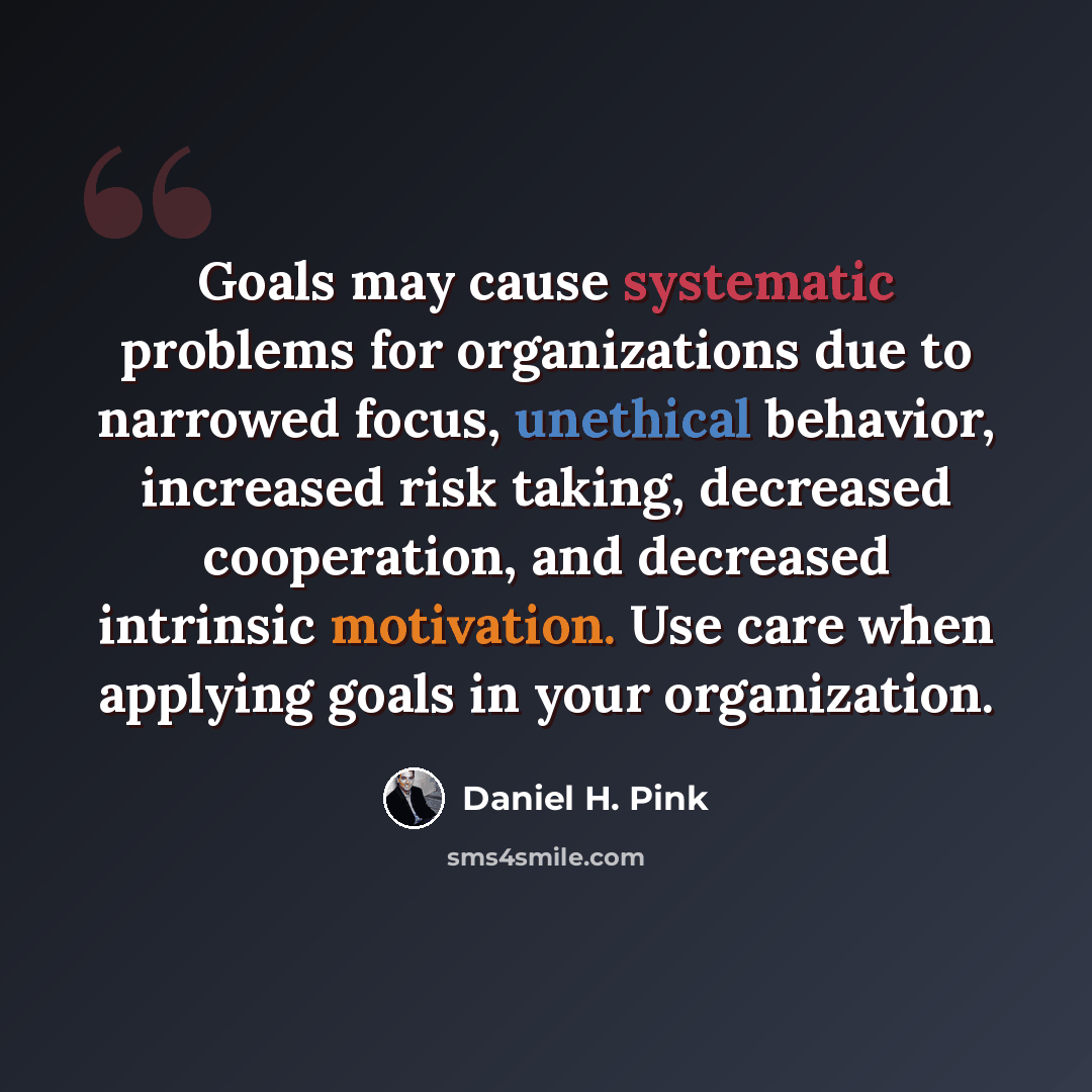 “Goals may cause systematic problems for organizations due to narrowed focus, unethical behavior, increased risk taking, decreased cooperation, and decreased intrinsic motivation. Use care when applying goals in your organization.” quote by Daniel H. Pink