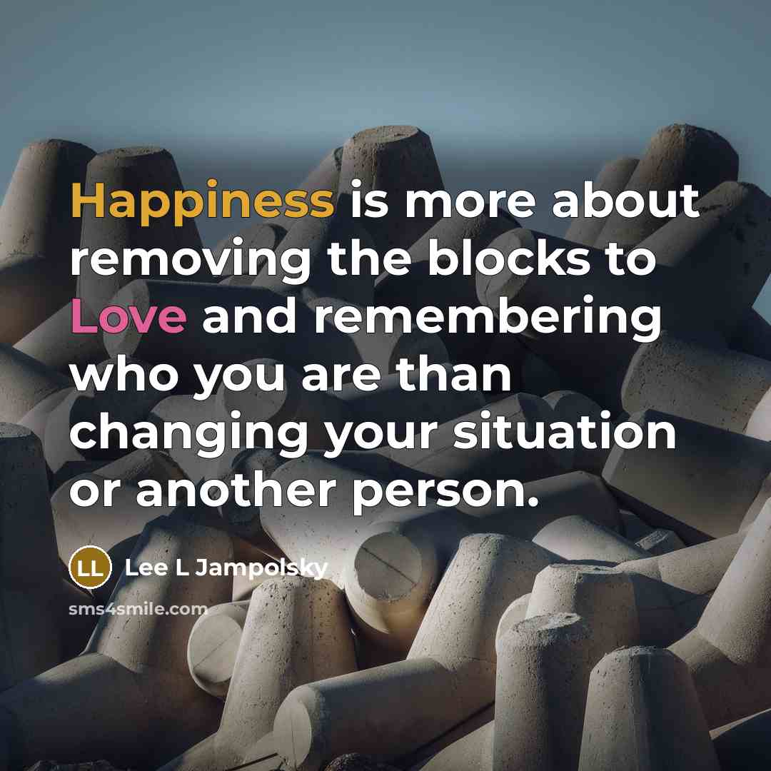 “Happiness is more about removing the blocks to Love and remembering who you are than changing your situation or another person.” quote by Lee L Jampolsky