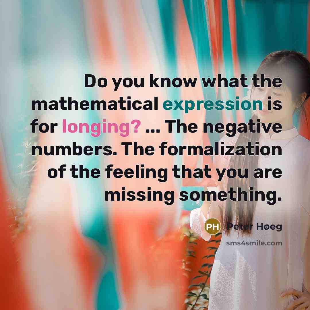 “Do you know what the mathematical expression is for longing? ... The negative numbers. The formalization of the feeling that you are missing something.” quote by Peter Høeg