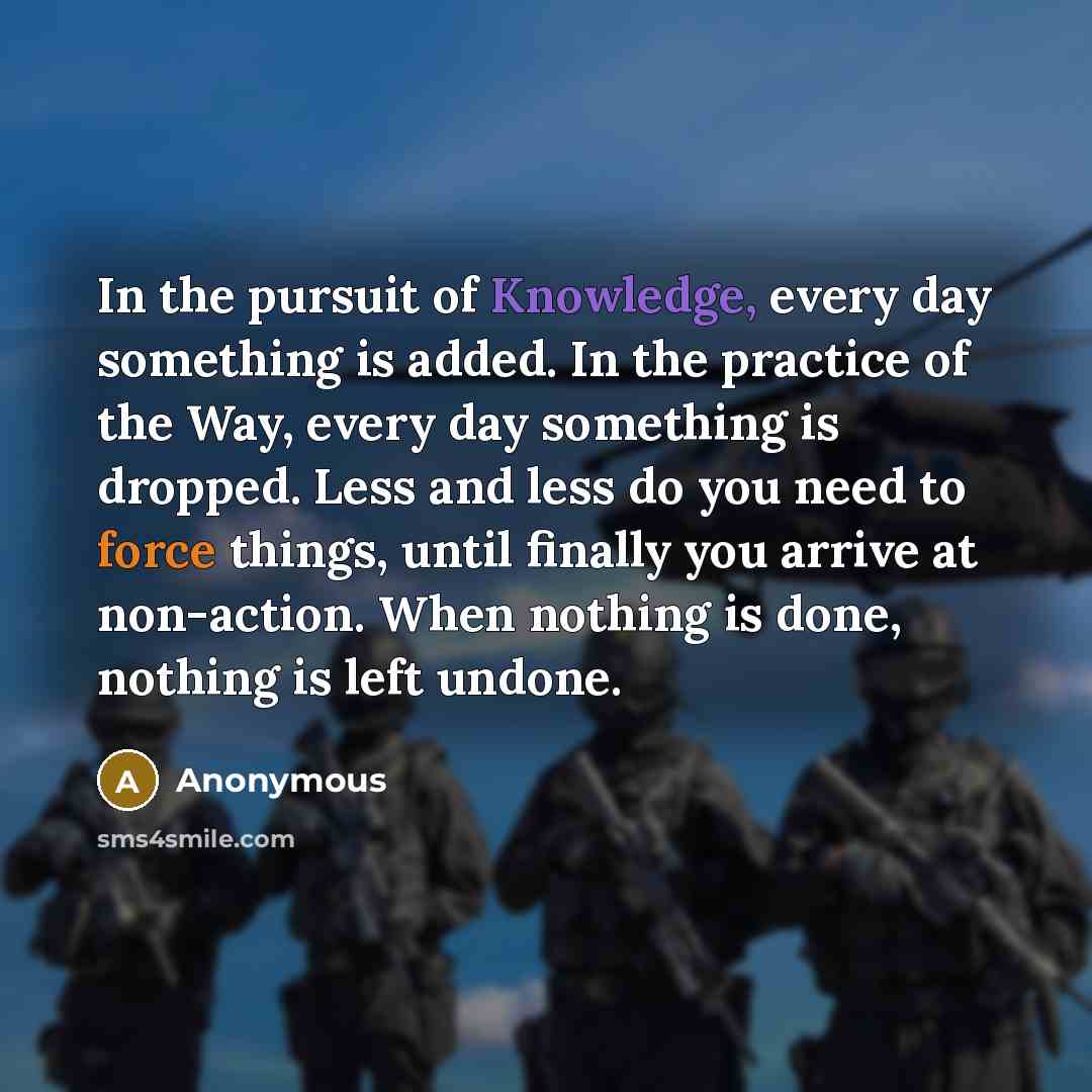 “In the pursuit of Knowledge, every day something is added. In the practice of the Way, every day something is dropped. Less and less do you need to force things, until finally you arrive at non-action. When nothing is done, nothing is left undone.” quote by Anonymous