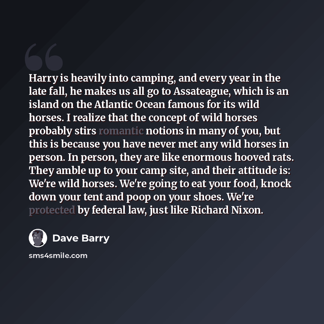 “Harry is heavily into camping, and every year in the late fall, he makes us all go to Assateague, which is an island on the Atlantic Ocean famous for its wild horses. I realize that the concept of wild horses probably stirs romantic notions in many of you, but this is because you have never met…” quote by Dave Barry