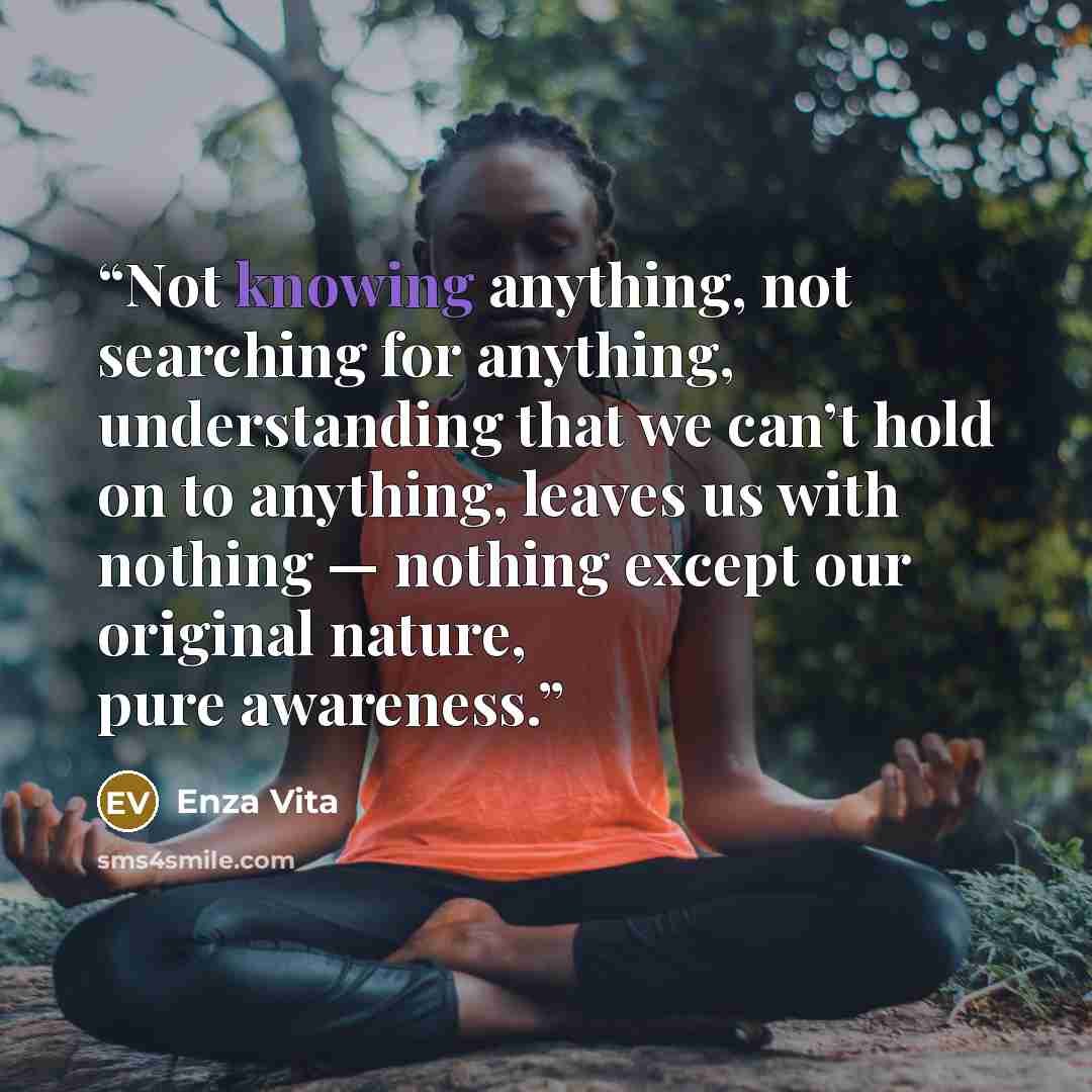 “Not knowing anything, not searching for anything, understanding that we can’t hold on to anything, leaves us with nothing — nothing except our original nature, pure awareness.” quote by Enza Vita