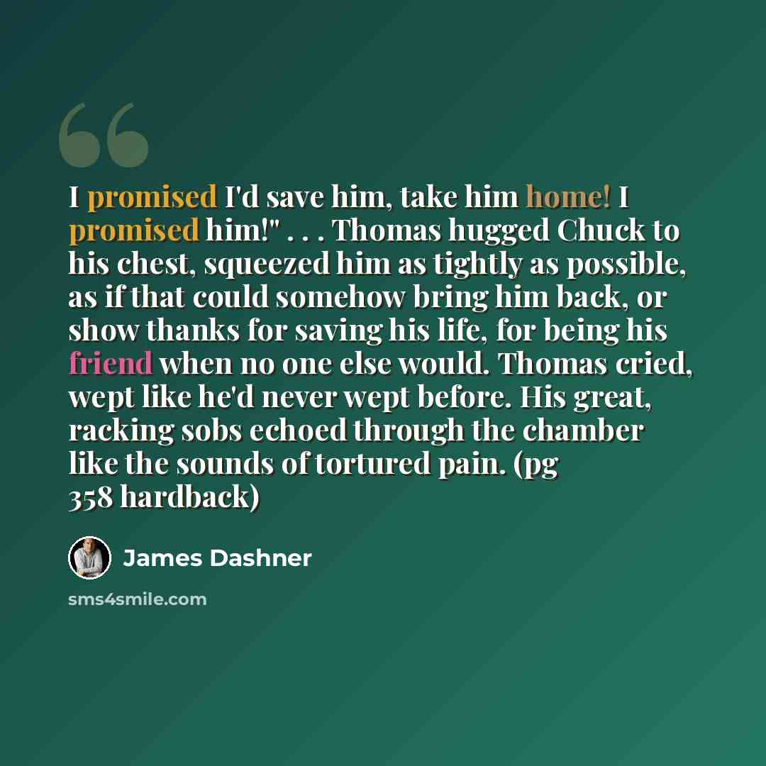 “I promised I'd save him, take him home! I promised him!" . . . Thomas hugged Chuck to his chest, squeezed him as tightly as possible, as if that could somehow bring him back, or show thanks for saving his life, for being his friend when no one else would. Thomas cried, wept like he'd never wept…” quote by James Dashner