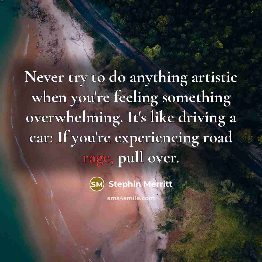 “Never try to do anything artistic when you're feeling something overwhelming. It's like driving a car: If you're experiencing road rage, pull over.” quote by Stephin Merritt