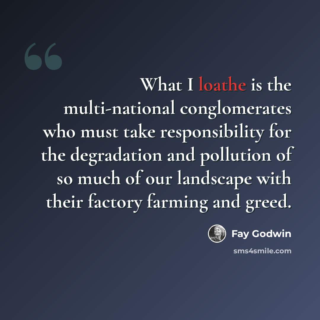 “What I loathe is the multi-national conglomerates who must take responsibility for the degradation and pollution of so much of our landscape with their factory farming and greed.” quote by Fay Godwin