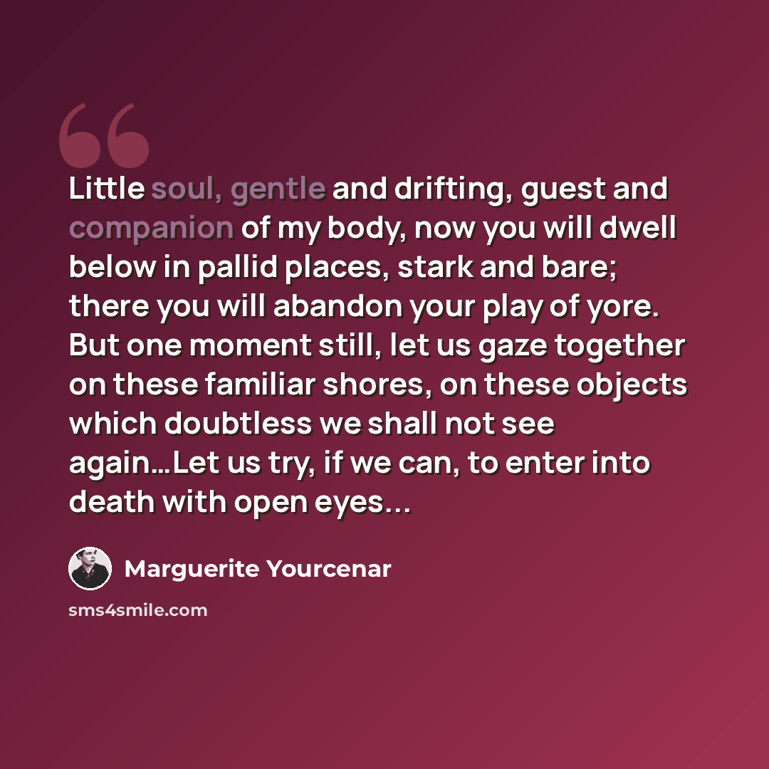“Little soul, gentle and drifting, guest and companion of my body, now you will dwell below in pallid places, stark and bare; there you will abandon your play of yore. But one moment still, let us gaze together on these familiar shores, on these objects which doubtless we shall not see again…Let us…” quote by Marguerite Yourcenar