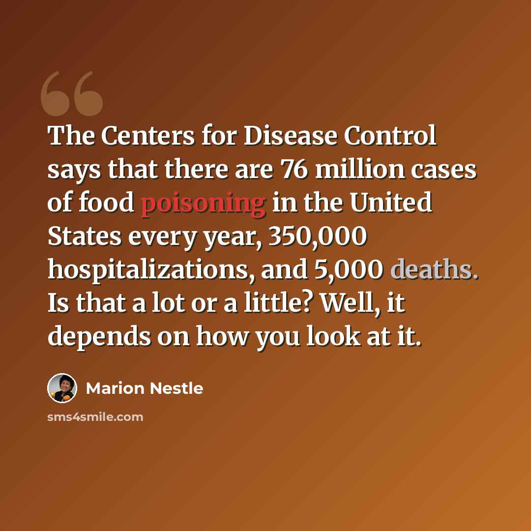 “The Centers for Disease Control says that there are 76 million cases of food poisoning in the United States every year, 350,000 hospitalizations, and 5,000 deaths. Is that a lot or a little? Well, it depends on how you look at it.” quote by Marion Nestle