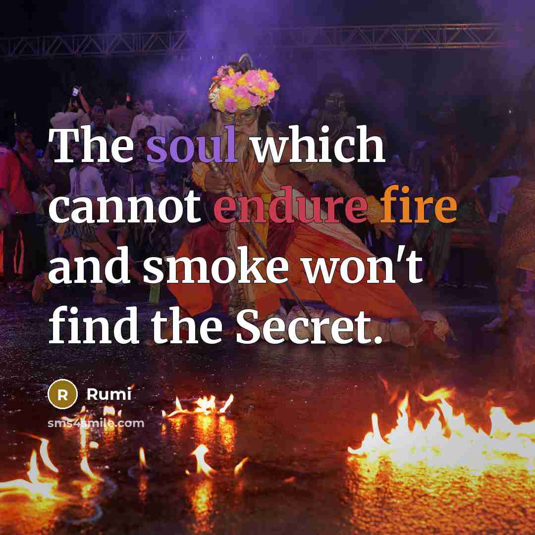 “The soul which cannot endure fire and smoke won't find the Secret.” quote by Rumi