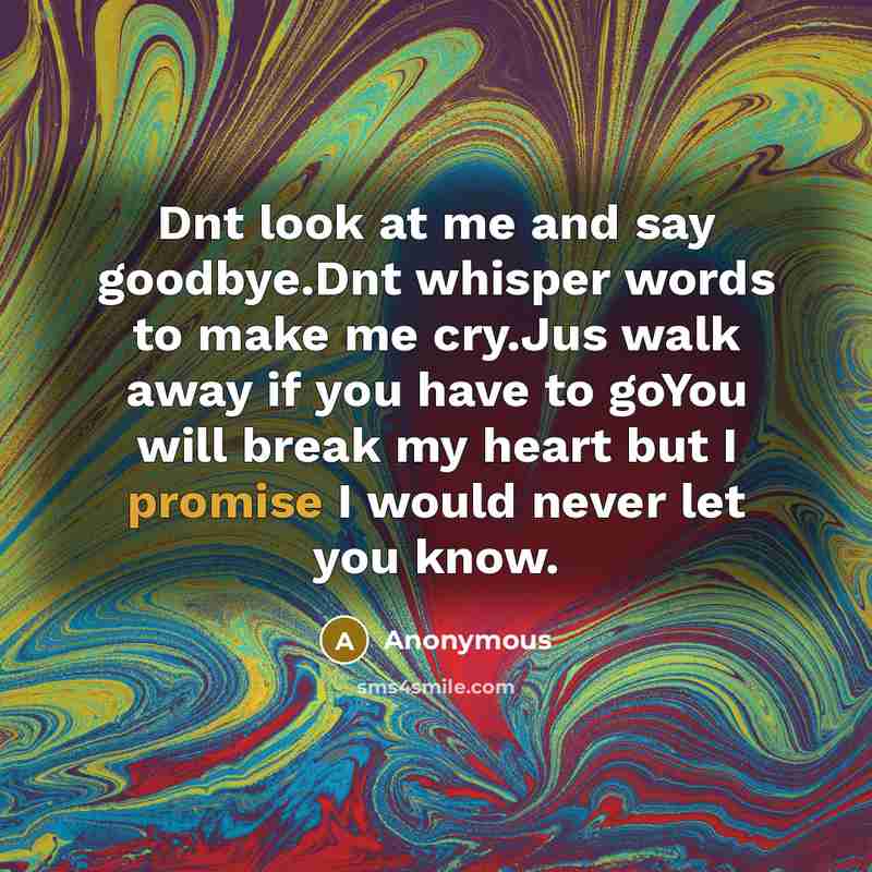 “Dnt look at me and say goodbye.Dnt whisper words to make me cry.Jus walk away if you have to goYou will break my heart but I promise I would never let you know.” quote by Anonymous