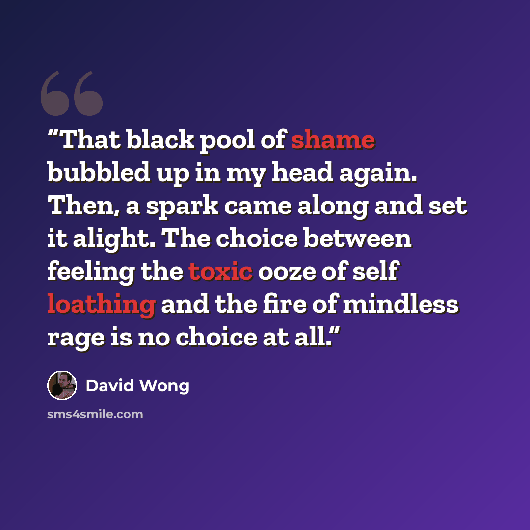 “That black pool of shame bubbled up in my head again. Then, a spark came along and set it alight. The choice between feeling the toxic ooze of self loathing and the fire of mindless rage is no choice at all.” quote by David Wong