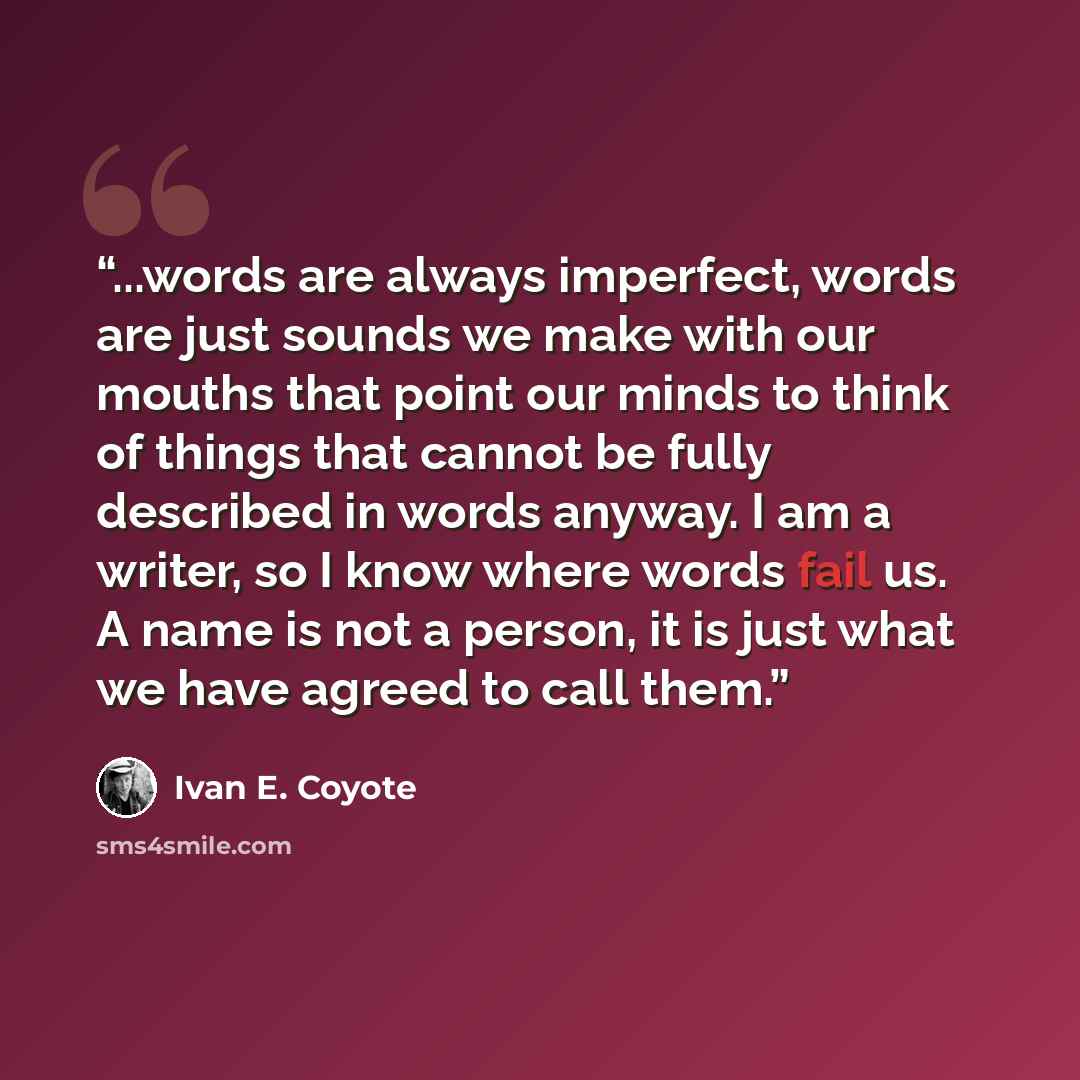 “...words are always imperfect, words are just sounds we make with our mouths that point our minds to think of things that cannot be fully described in words anyway. I am a writer, so I know where words fail us. A name is not a person, it is just what we have agreed to call them.” quote by Ivan E. Coyote