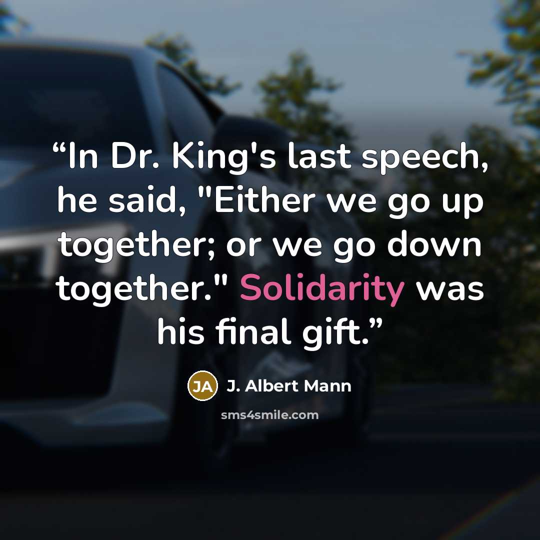 “In Dr. King's last speech, he said, "Either we go up together; or we go down together." Solidarity was his final gift.” quote by J. Albert Mann