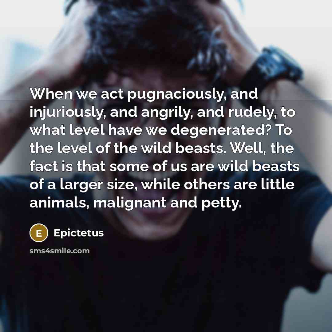 “When we act pugnaciously, and injuriously, and angrily, and rudely, to what level have we degenerated? To the level of the wild beasts. Well, the fact is that some of us are wild beasts of a larger size, while others are little animals, malignant and petty.” quote by Epictetus