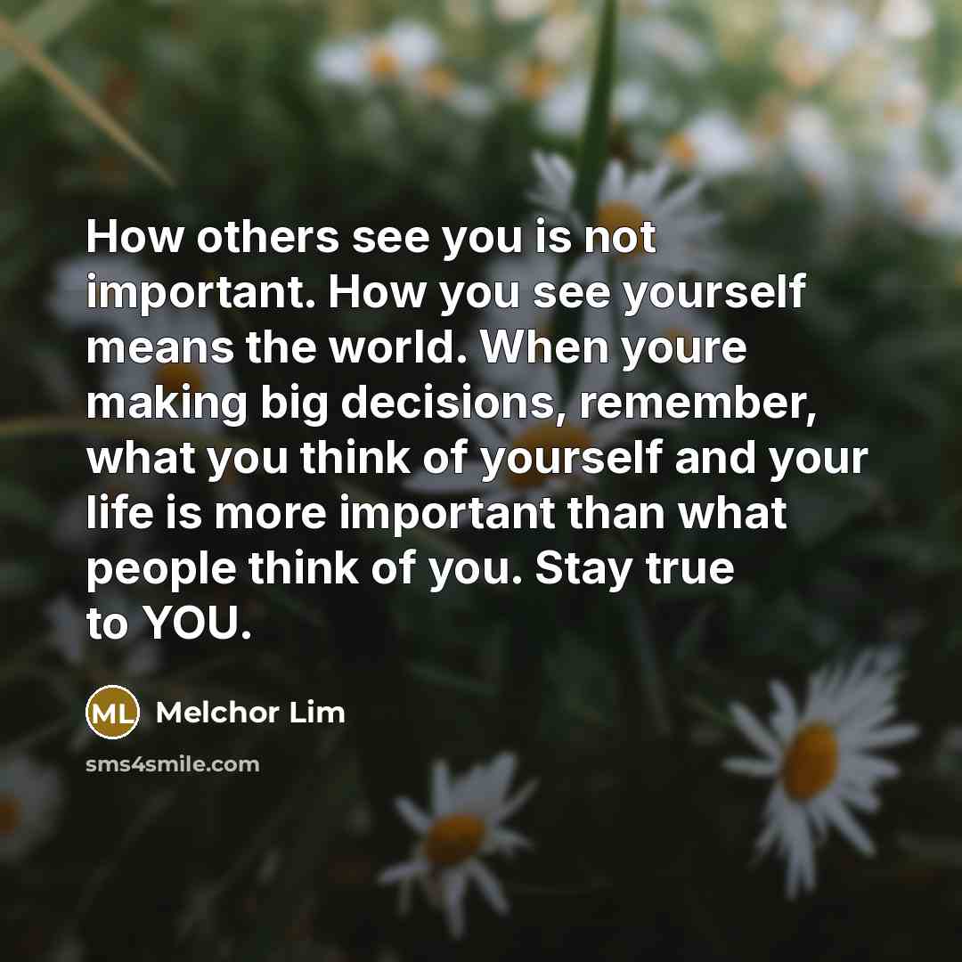 “How others see you is not important. How you see yourself means the world. When youre making big decisions, remember, what you think of yourself and your life is more important than what people think of you. Stay true to YOU.” quote by Melchor Lim
