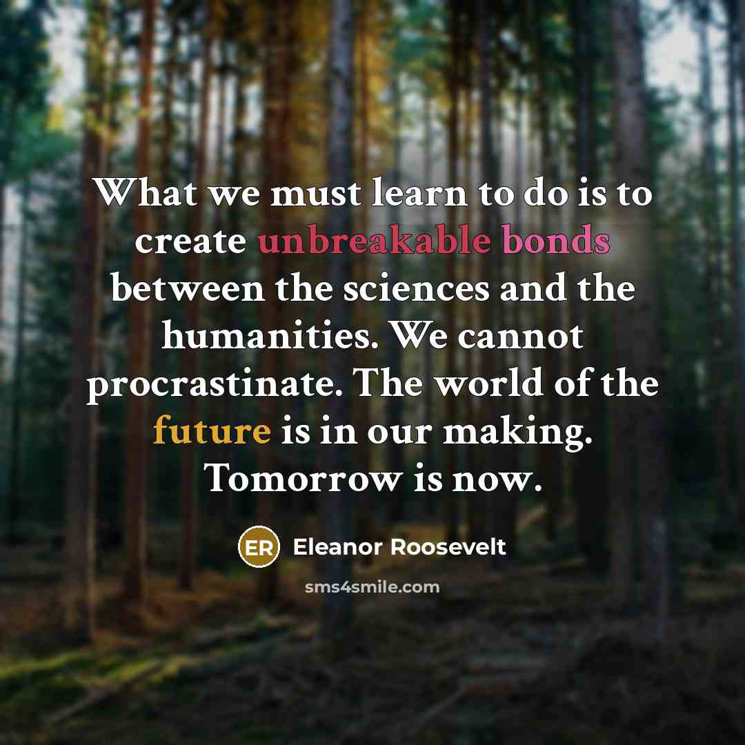 “What we must learn to do is to create unbreakable bonds between the sciences and the humanities. We cannot procrastinate. The world of the future is in our making. Tomorrow is now.” quote by Eleanor Roosevelt