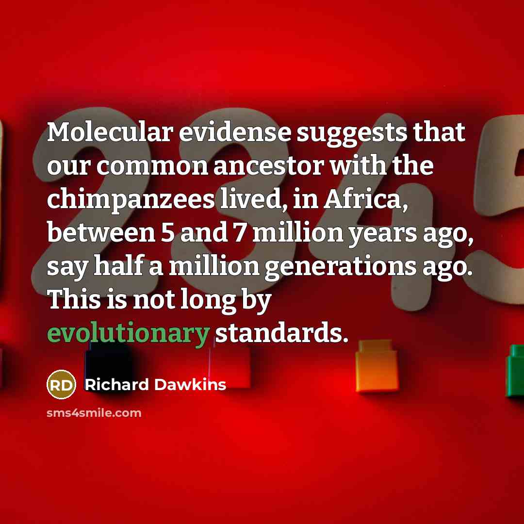 “Molecular evidense suggests that our common ancestor with the chimpanzees lived, in Africa, between 5 and 7 million years ago, say half a million generations ago. This is not long by evolutionary standards.” quote by Richard Dawkins