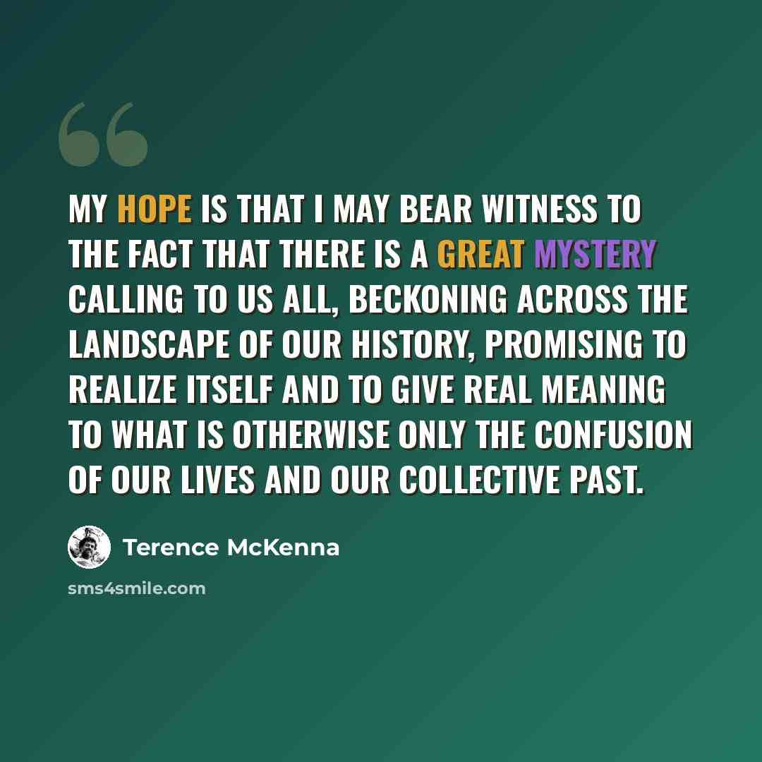 “My hope is that I may bear witness to the fact that there is a great mystery calling to us all, beckoning across the landscape of our history, promising to realize itself and to give real meaning to what is otherwise only the confusion of our lives and our collective past.” quote by Terence McKenna