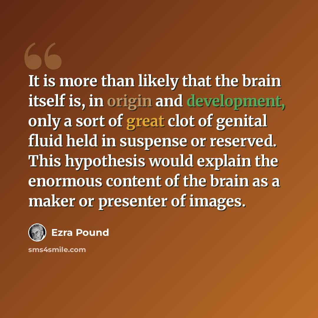 “It is more than likely that the brain itself is, in origin and development, only a sort of great clot of genital fluid held in suspense or reserved. This hypothesis would explain the enormous content of the brain as a maker or presenter of images.” quote by Ezra Pound