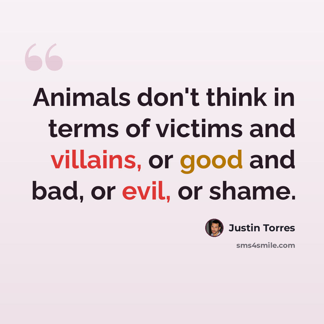 “Animals don't think in terms of victims and villains, or good and bad, or evil, or shame.” quote by Justin Torres