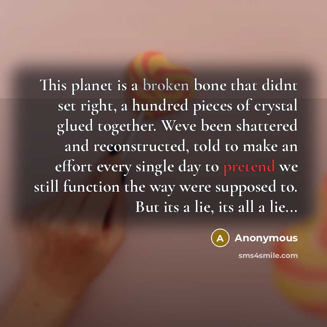 “This planet is a broken bone that didnt set right, a hundred pieces of crystal glued together. Weve been shattered and reconstructed, told to make an effort every single day to pretend we still function the way were supposed to. But its a lie, its all a lie...” quote by Anonymous