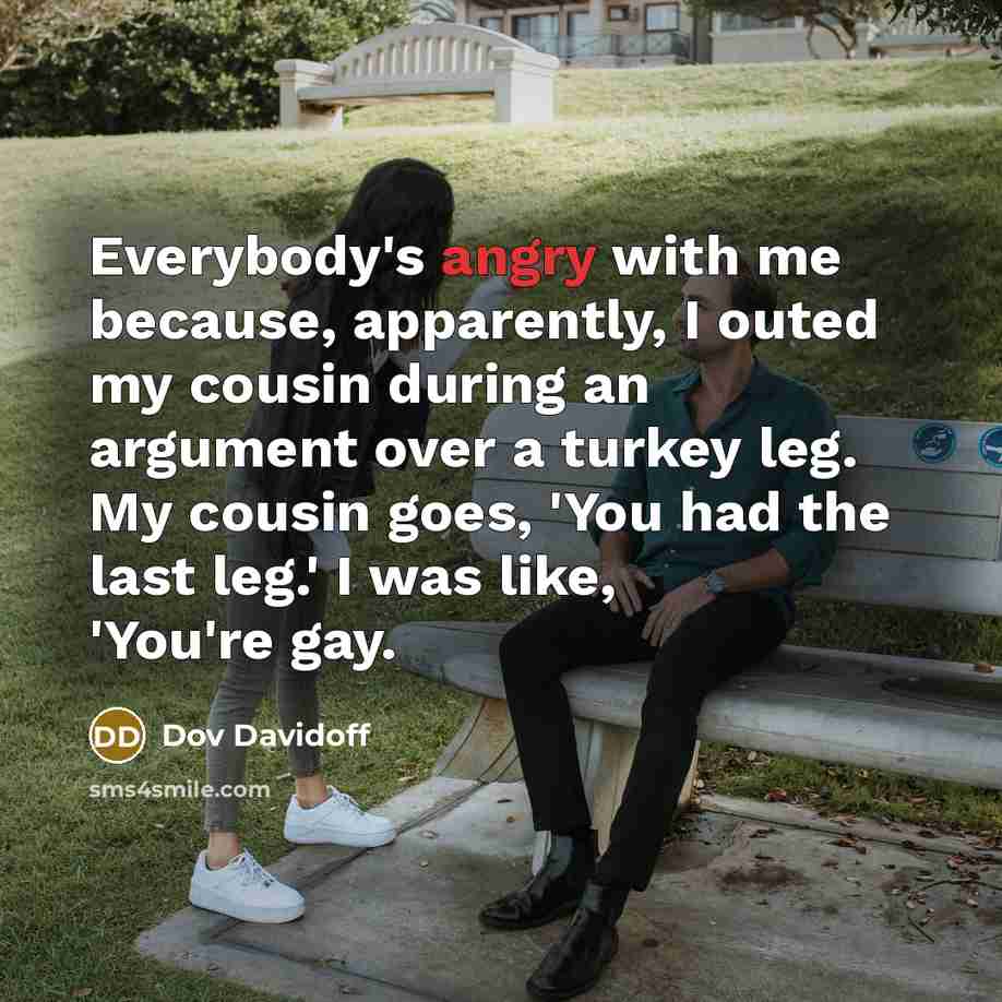 “Everybody's angry with me because, apparently, I outed my cousin during an argument over a turkey leg. My cousin goes, 'You had the last leg.' I was like, 'You're gay.” quote by Dov Davidoff