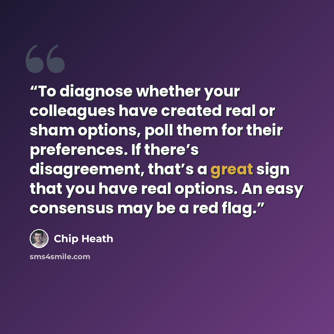 “To diagnose whether your colleagues have created real or sham options, poll them for their preferences. If there’s disagreement, that’s a great sign that you have real options. An easy consensus may be a red flag.” quote by Chip Heath