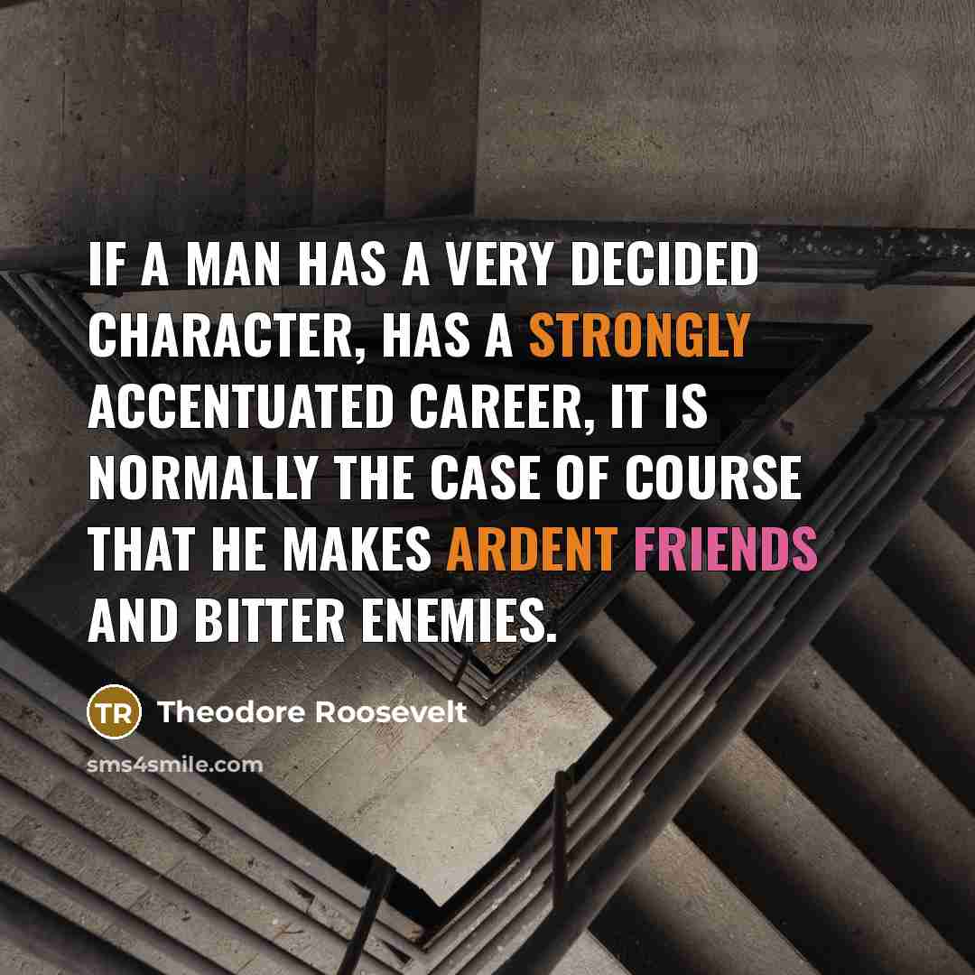 “If a man has a very decided character, has a strongly accentuated career, it is normally the case of course that he makes ardent friends and bitter enemies.” quote by Theodore Roosevelt