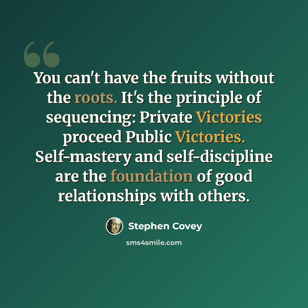 “You can't have the fruits without the roots. It's the principle of sequencing: Private Victories proceed Public Victories. Self-mastery and self-discipline are the foundation of good relationships with others.” quote by Stephen Covey