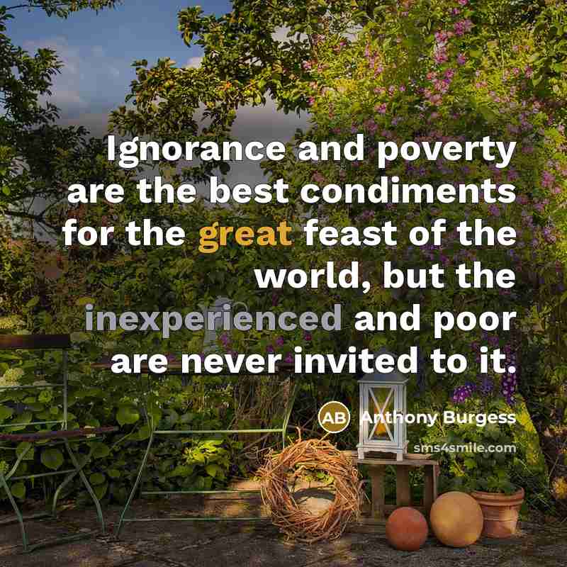 “Ignorance and poverty are the best condiments for the great feast of the world, but the inexperienced and poor are never invited to it.” quote by Anthony Burgess