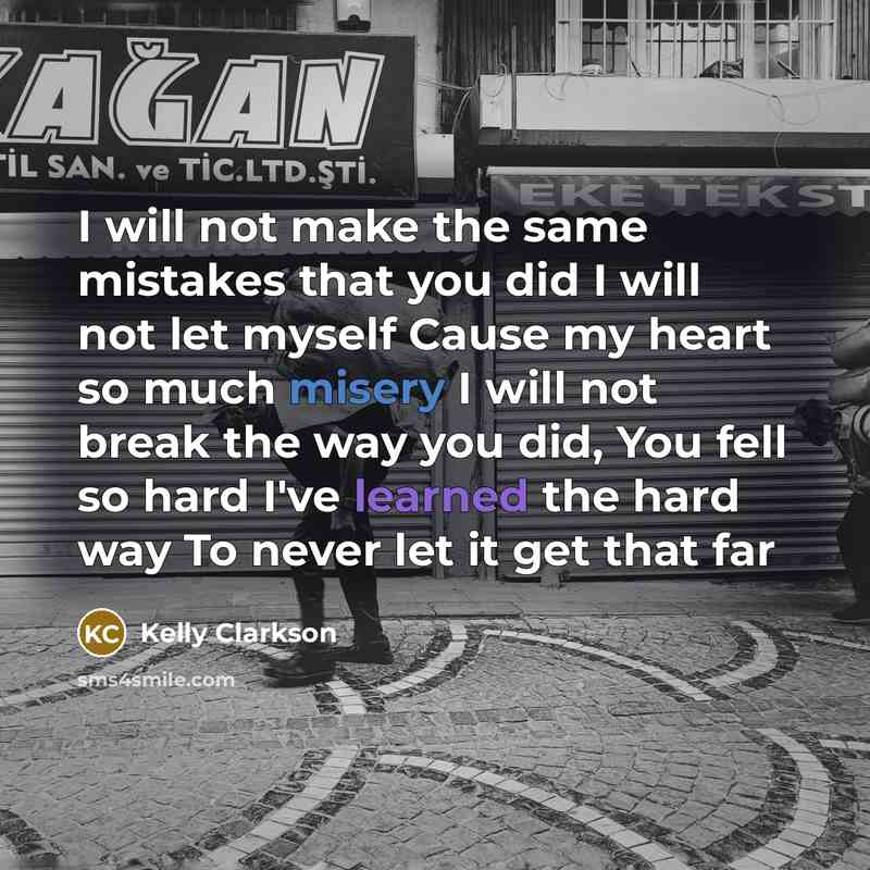 “I will not make the same mistakes that you did I will not let myself Cause my heart so much misery I will not break the way you did, You fell so hard I've learned the hard way To never let it get that far” quote by Kelly Clarkson