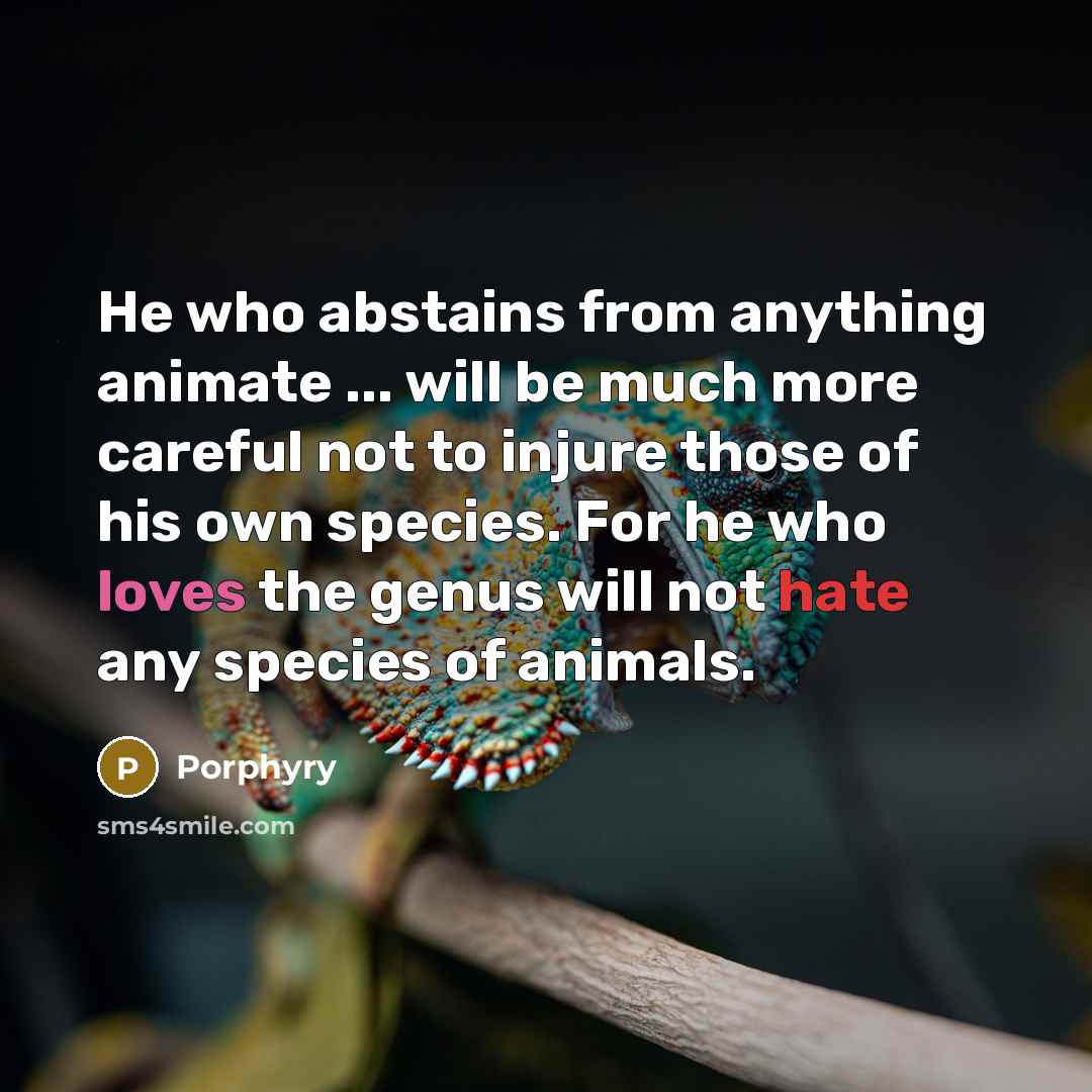 “He who abstains from anything animate ... will be much more careful not to injure those of his own species. For he who loves the genus will not hate any species of animals.” quote by Porphyry