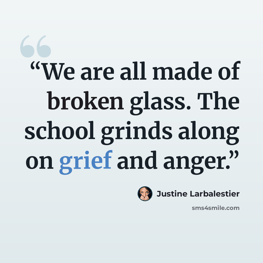 “We are all made of broken glass. The school grinds along on grief and anger.” quote by Justine Larbalestier
