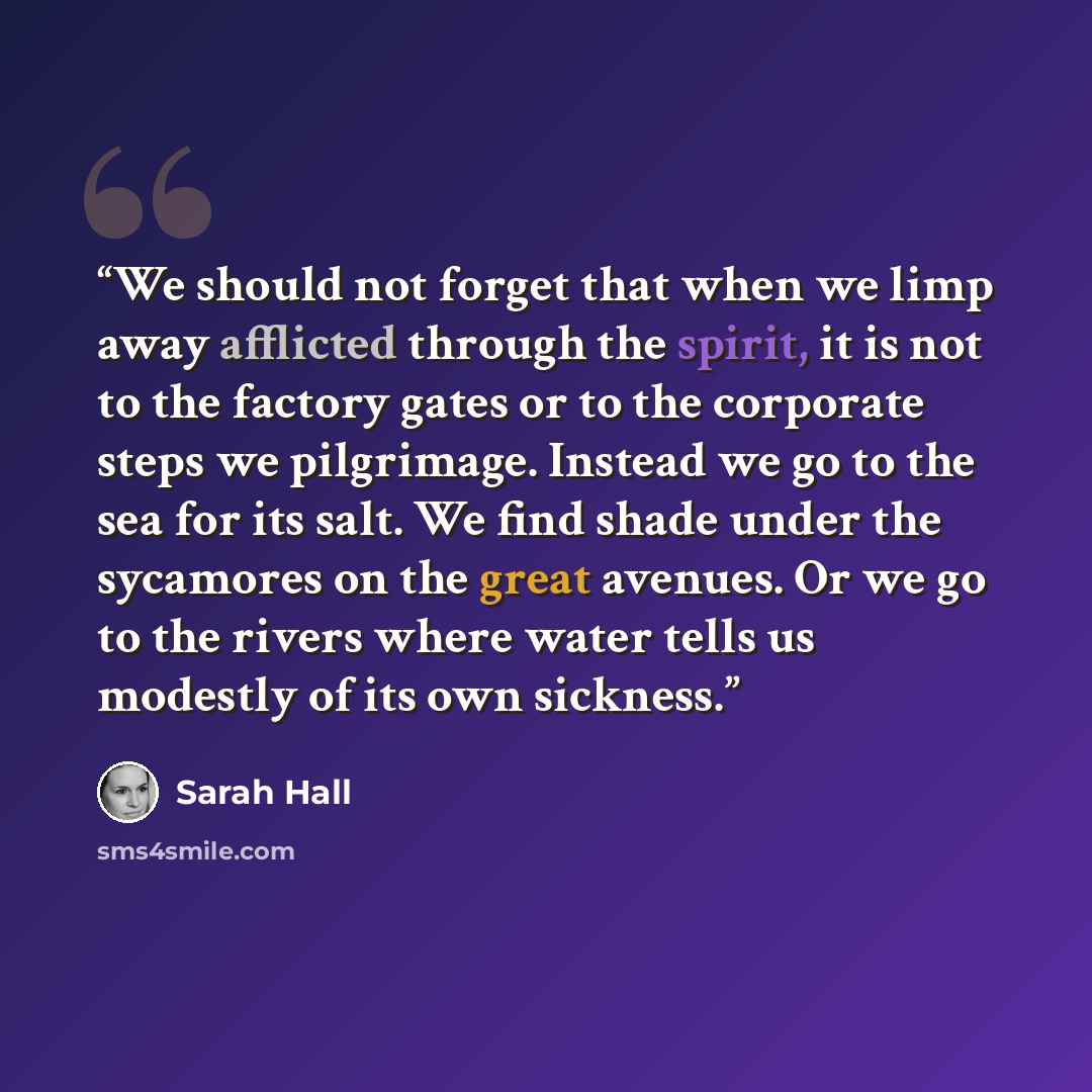 “We should not forget that when we limp away afflicted through the spirit, it is not to the factory gates or to the corporate steps we pilgrimage. Instead we go to the sea for its salt. We find shade under the sycamores on the great avenues. Or we go to the rivers where water tells us modestly of…” quote by Sarah Hall