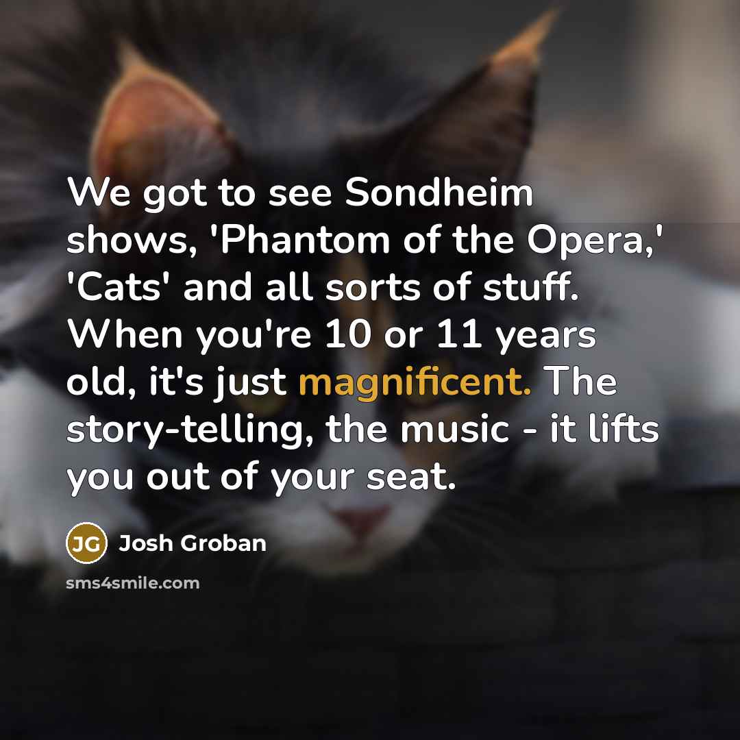 “We got to see Sondheim shows, 'Phantom of the Opera,' 'Cats' and all sorts of stuff. When you're 10 or 11 years old, it's just magnificent. The story-telling, the music - it lifts you out of your seat.” quote by Josh Groban