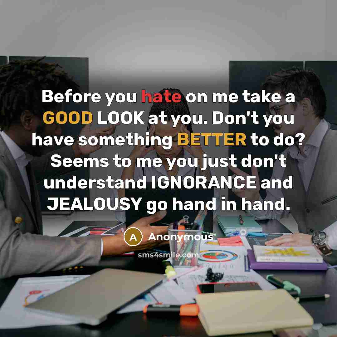 “Before you hate on me take a GOOD LOOK at you. Don't you have something BETTER to do? Seems to me you just don't understand IGNORANCE and JEALOUSY go hand in hand.” quote by Anonymous