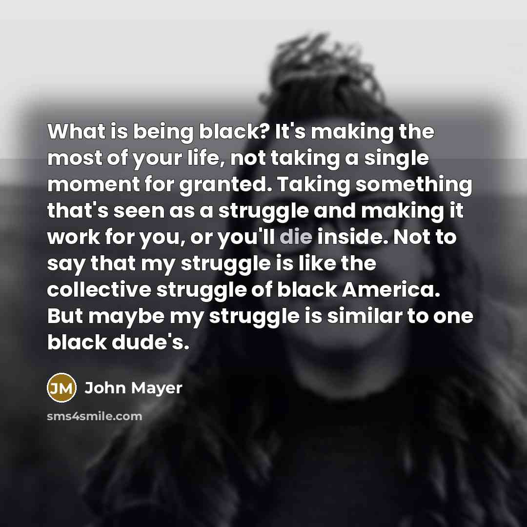 “What is being black? It's making the most of your life, not taking a single moment for granted. Taking something that's seen as a struggle and making it work for you, or you'll die inside. Not to say that my struggle is like the collective struggle of black America. But maybe my struggle is…” quote by John Mayer
